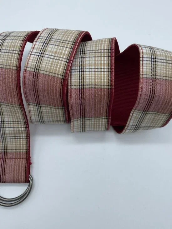 Men’s D-Ring Belt Size L Red Tan Beige Plaid Canvas 42” Casual Preppy Golf - Picture 3 of 11